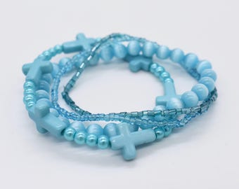Light Blue Cross Bracelet Stack | Seed Bead, Pearl, Christian Jewelry Set