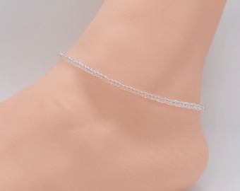 Clear Seed Bead Anklet, Dainty Silver Accent, Boho Beach Jewelry