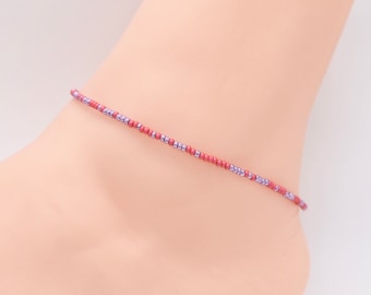 Pink Purple Beaded Anklet, Boho Beach Ankle Bracelet