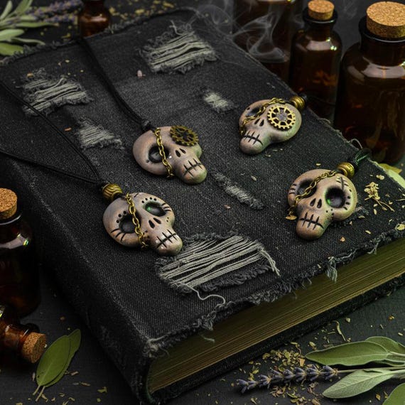 Handmade Ceramic Steampunk Skull Necklace, Gothic Goth Pendant, Dark Aesthetic Jewelry for Men & Women, Unique Memento Mori Gift, Oddities