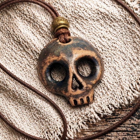 Ceramic Skull Necklace, Green Patina Antique Gold, Voodoo Tribal Pendant, Rustic Shamanic Jewelry, Gothic Witchy Gift, Handmade Ireland