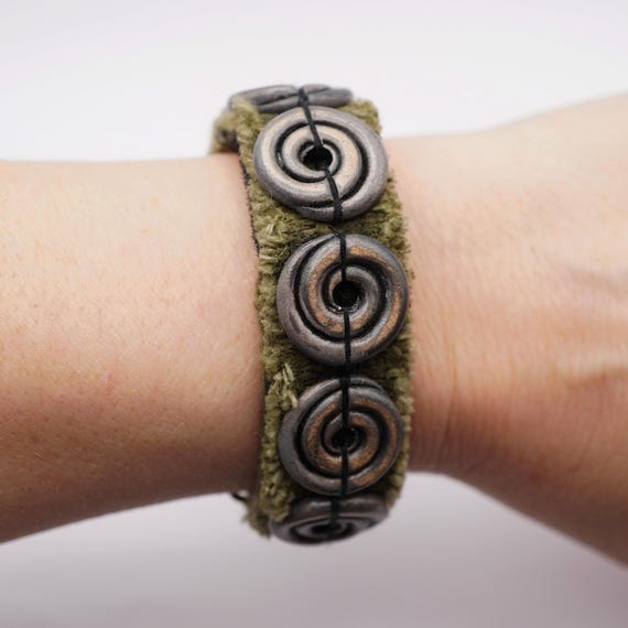 Olive Green Textile Cuff Bracelet, Handmade Ceramic Bead Bracelet, Boho Fabric Jewelry, Earthy Artisan Cuff, Unique Wearable Art Gift
