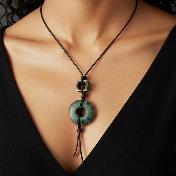 Green Ceramic Geometric Necklace, Handmade Double Pendant Jewelry, Minimalist Earthy Necklace, Forest Green Statement Piece, Artisan Gift