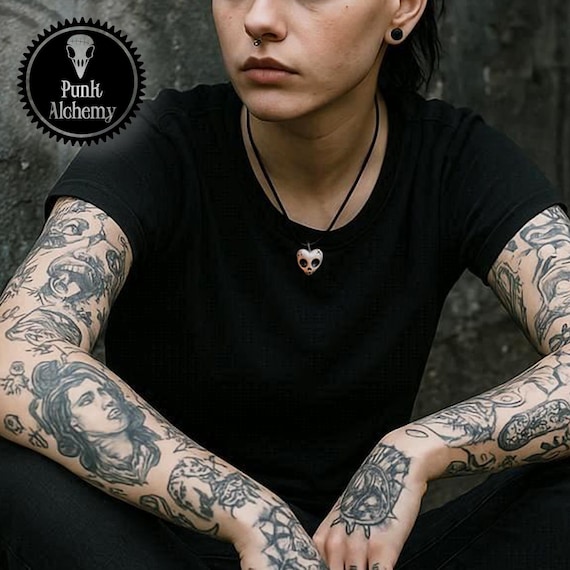 Handmade Ceramic Heart Skull Necklace, Goth Punk Jewelry