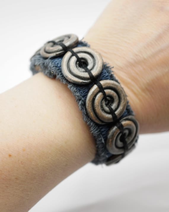 Handmade Denim Cuff Bracelet with Ceramic Beads, Blue Jean Boho Textile Jewelry, Punk  Artisan Bracelet, Wearable Art Gift, Women & Men