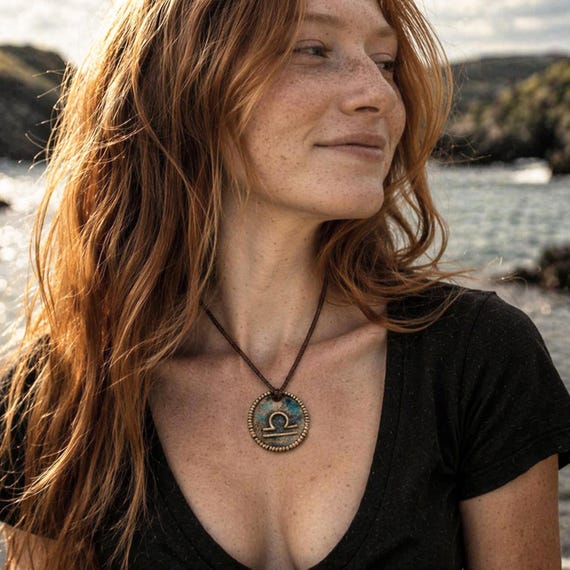 Handmade Ceramic Libra Necklace, Zodiac Pendant with Blue Green Patina, Astrology Gift for Her, Boho Celestial Jewellery, Ireland