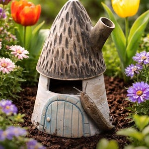 May include: A whimsical ceramic garden house with a textured, brown roof and a light blue door. The house has a spout and is surrounded by colorful flowers, including red and yellow tulips and purple daisies. A slug is on the side of the house.