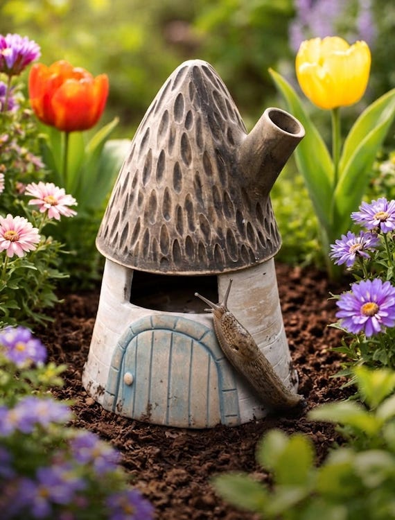 Handmade Ceramic Slug Trap House, Whimsical Fairy Garden Decor, Slow Watering Pot