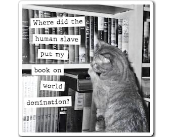 May include: A black and white sticker featuring a cat looking at a bookshelf. The text reads: Where did the human slave put my book on world domination? The cat is positioned on the right side, while the books fill the background shelves.