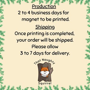 May include: A rectangular sign with a cream background and a green pine branch border. The text reads: Production 2 to 4 business days for magnet to be printed. Shipping Once printing is completed, your order will be shipped. Please allow 3 to 7 days for delivery. Below is a cartoon squirrel in a tree trunk with the text That Naughty Squirrel.