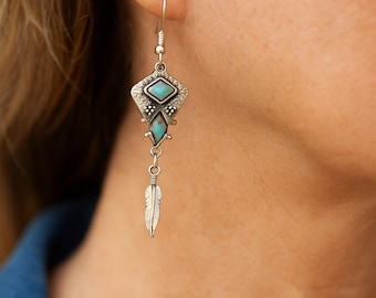 Turquoise and Feathers Earrings