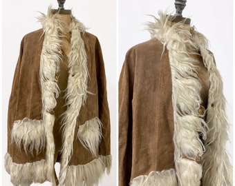 vintage 1970s leather cape, 1970s suede cape, vintage hippie jacket, vintage leather and fur cape, vintage suede overcoat