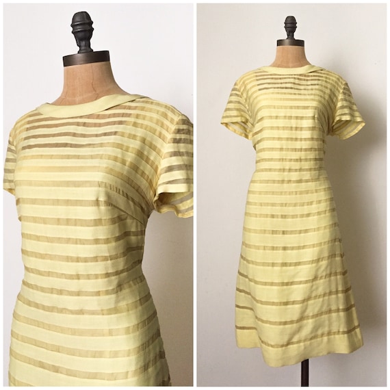 50s cocktail dress - 50s striped yellow dress - 50