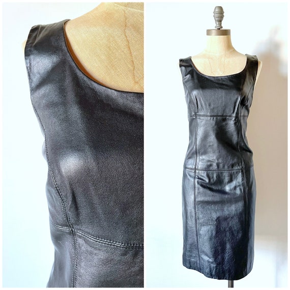 Vintage black leather dress - leather dress - vint