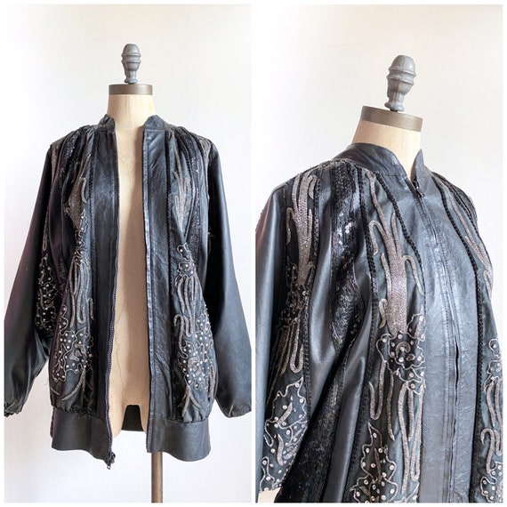 Vintage leather jacket, vintage beaded jacket, vi… - image 1