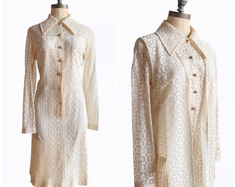 vintage 70s dress, vintage 70s lace dress, vintage two piece set, vintage lace dress, vintage shirt dress