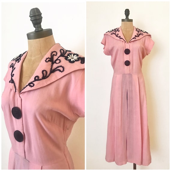 1940s cotton dress - 40s cotton linen dress - 1940