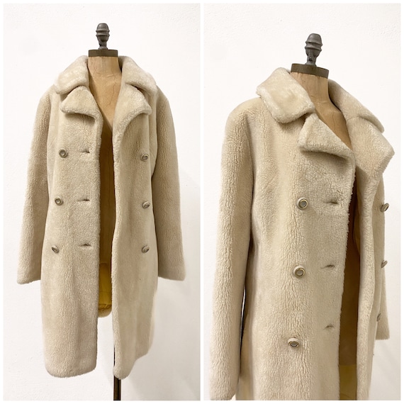 vintage winter coat, vintage cream faux fur coat,… - image 1