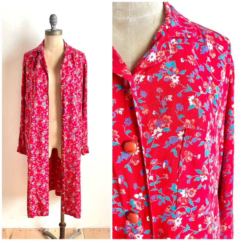 Vintage duster, vintage house dress, vintage floral duster, vintage floral dress, vintage red dress, vintage 70s dress, vintage 70s floral image 1