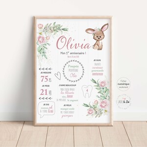 Póster 1 año ***ARCHIVO DIGITAL *** Primer cumpleaños, Personalizado, fiesta de bebé 1 año, póster fondo blanco, Conejo, acuarela, rosas