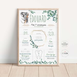 Affiche 1 an ***FICHIER NUMÉRIQUE *** Premier anniversaire, Personnalisée, fête bébé 1 an, affiche fond blanc, Koala, aquarelle, eucalyptus