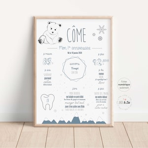 Affiche 1 an ***FICHIER NUMÉRIQUE *** Premier anniversaire, Personnalisée, fond blanc, Ours Polaire, Aquarelle, Ourson, Polar bear, hiver