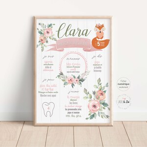 Affiche 1 an ***FICHIER NUMÉRIQUE *** Premier anniversaire, Personnalisée, affiche blanche, Feuillage, Renard, vert, rose