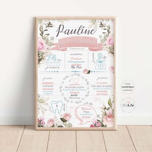 Affiche 1 an ***FICHIER NUMÉRIQUE *** Premier anniversaire, Personnalisée, fête bébé 1 an, affiche fond blanc, Fleur, rose