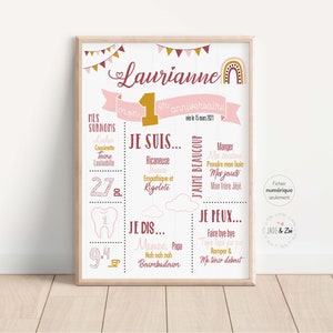 Affiche 1 an ***FICHIER NUMÉRIQUE *** Premier anniversaire, Personnalisée, affiche fond tableau, Arc-en-ciel, ocre, vieux rose