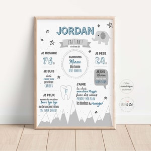 Affiche 1 an ***FICHIER NUMÉRIQUE *** Premier anniversaire, Personnalisée, Éléphant, étoile, Aquarelle, Montagne, hiver