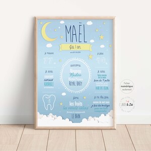 Affiche 1 an ***FICHIER NUMÉRIQUE *** Premier anniversaire, Personnalisée, Lune et Étoile, fête bébé 1 an, affiche fond Blanc