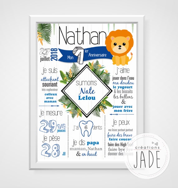 Personalized First Birthday Poster Digital Fichier Baby Party 1 Year Old White Background Lion Jungle Blue Poster