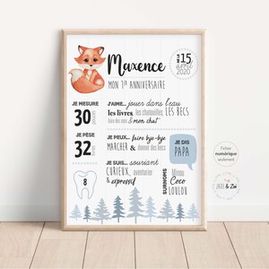 Affiche 1 an ***FICHIER NUMÉRIQUE *** Premier anniversaire, Personnalisée, affiche blanche, sapin, Renard, bleu