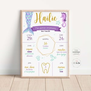 Affiche 1 an ***FICHIER NUMÉRIQUE *** Premier anniversaire, Personnalisée, Sirène, fond marin, fête bébé 1 an, affiche fond Blanc, mauve