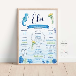 Affiche 1 an ***FICHIER NUMÉRIQUE *** Premier anniversaire, Personnalisée, fond marin, fête bébé 1 an, affiche fond Blanc, bleu