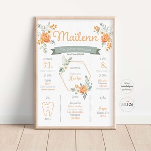 Affiche 1 an ***FICHIER NUMÉRIQUE *** Premier anniversaire, Personnalisée, Fleur orange, eucalyptus, fête bébé 1 an, affiche fond blanc