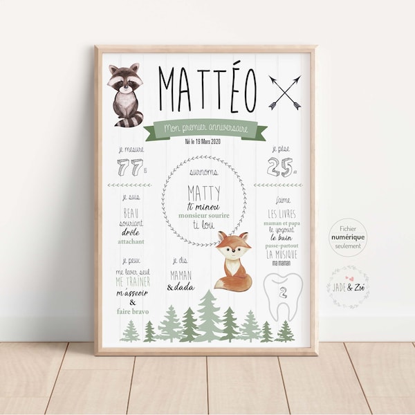 Poster 1 year ***DIGITAL FILE *** First Birthday, Personalized, Woodland, Animals, Forest, Baby Party 1 Year