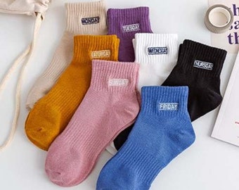7 pairs of weekly cute ankle socks in 7 different simple colours, women socks, fashion, daily wear, cool socks, by Woaiwazi gift shop