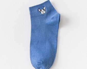 5 pairs of comfy, daily wear, cute French Bulldog socks in 5 different colours. By Woaiwazi gift shop