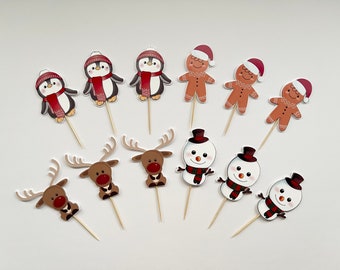 Pack of 12 Christmas cupcake toppers,holidays,Christmas party,cupcake toppers,snowman,penguin,reindeer,gingerbread. By Woaiwazi gift shop