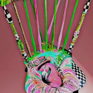Flamingos in Paradise, whimsical, one of a kind, hand painted, vintage chair… show stopping statement piece!