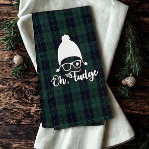 Christmas Tea Towel, Red Plaid "Oh Fudge" Kitchen Decor, 100% Cotton