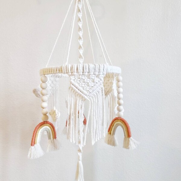 Macrame Rainbow Baby Mobile handmade neutral simple boho nursery customize crib decor rainbow clouds