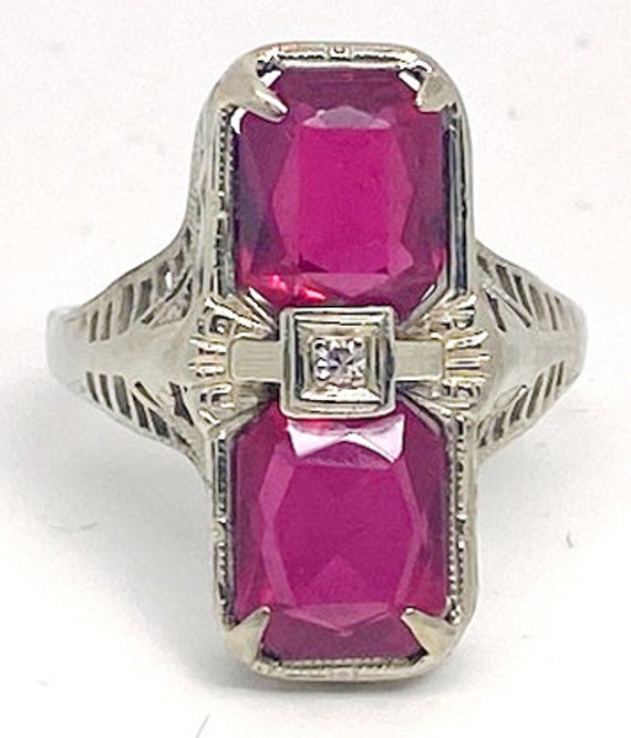 Lady’s vintage synthetic ruby, diamond and white … - image 1