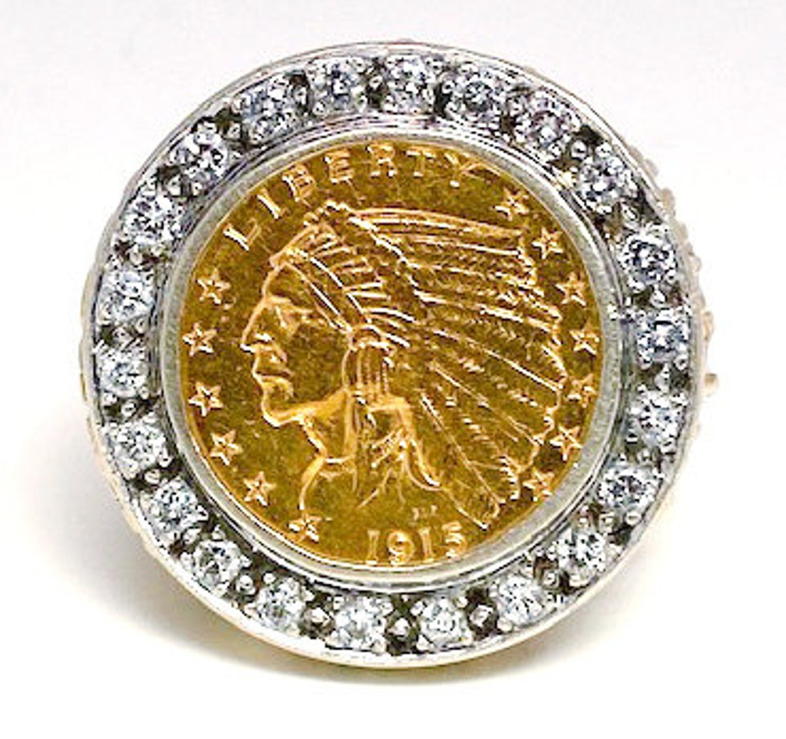 Gents Vintage Diamond, Indian Head Coin, Yellow and White Gold Ring Etsy