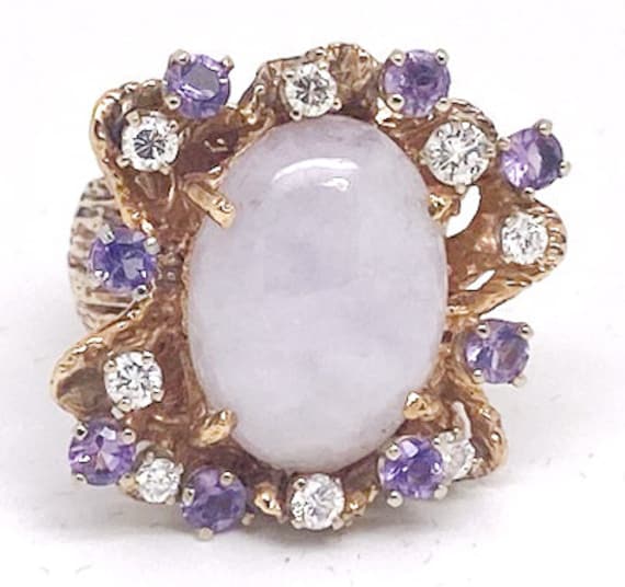 Lady's Vintage Purple Jade, Purple Stones, Diamond and Yellow Gold