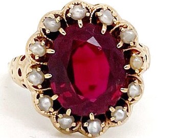 Lady’s vintage synthetic ruby, pearl and yellow gold ring