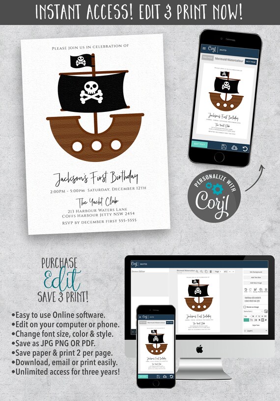 Pirate Boat Invitation, 1st Birthday Invite, First Pirate Birthday, Pirate Template, EDITABLE download, Digital Instant download Il_570xn