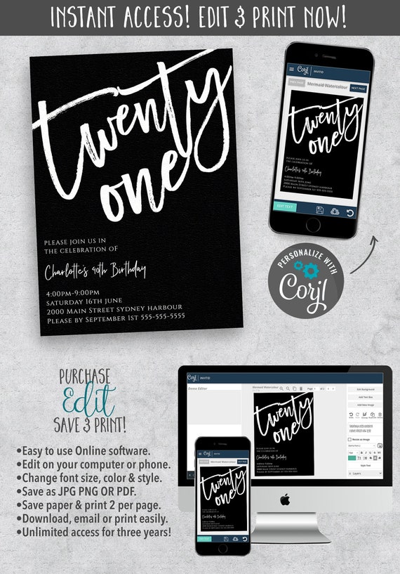 21st Birthday Party Simple Invitation Card Instant Download