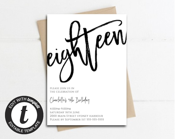 18th birthday party simple invitation card instant download birthday invites birthday party invitations editable template simple invitation card